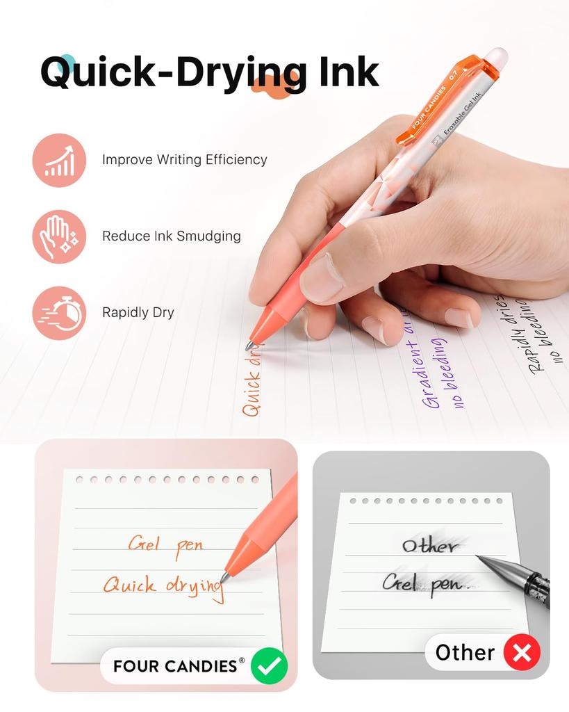 Four Candies Erasable Ballpoint Easy To Write and Perfect Gift for 0.7mm Pens, 24-Color Set, Knock-Style, Erasable,
