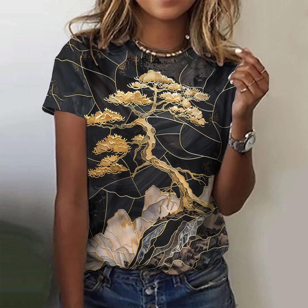 Fashionable 3d Printed Landscape Animal Style Summer Round Neck Short Sleeved Top T-Shirt Casual Versatile Loose Oversized Women