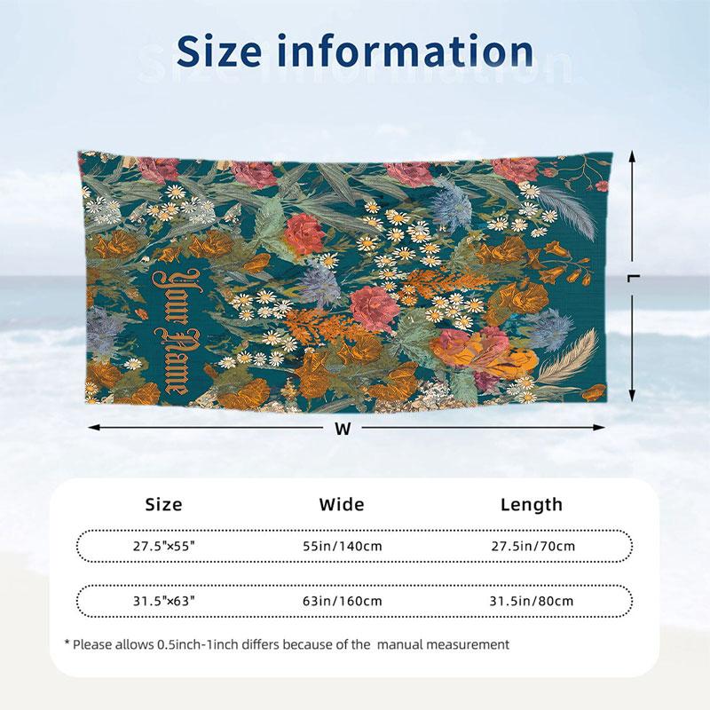 Floral Garden Theme Beach Towel Personalized Custom Name & Text Soft Quick Dry Beach Towel for Swimming Travel