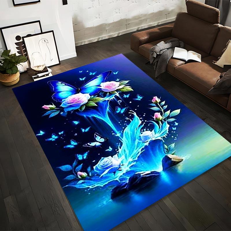 

Butterfly and Rose Carpet, Blue Glowing Design with Elegant Floral Art Suitable for use as an anti-slip for living room bedroom sofas 40x60cm( 15x23in )