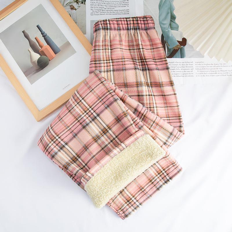 Plaid High-Waisted Women's Wide-Leg Pants - 2025 Autumn/Winter, Korean Style, Fleece-Lined, Loose Fit, Floor-Length.
