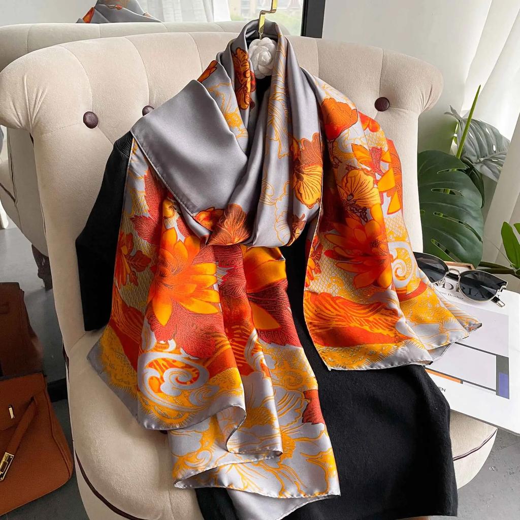 New 90*180CM Fashion Luxury Lady Print Design Shawl Soft Satin Silk Scarf Shawl Versatile Women Long Silk Scarves