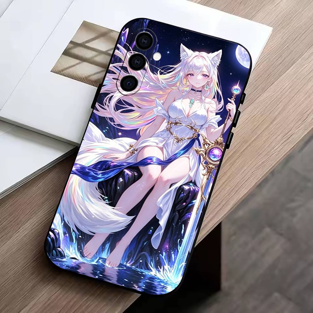 Fox Girl Phone Case Black Silicone Soft For Samsung Galaxy A73,A72,A71,A70,A53,A52,A51