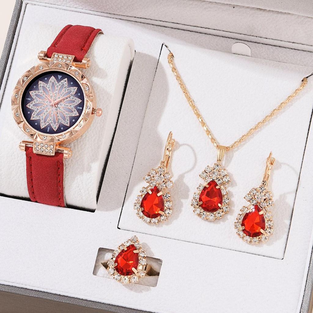 5 stücke Set Uhren Frauen Leder Band Damen Uhr Einfache Casual frauen Armbanduhr Armband Geschenk Montre Femme(Kein Kasten)