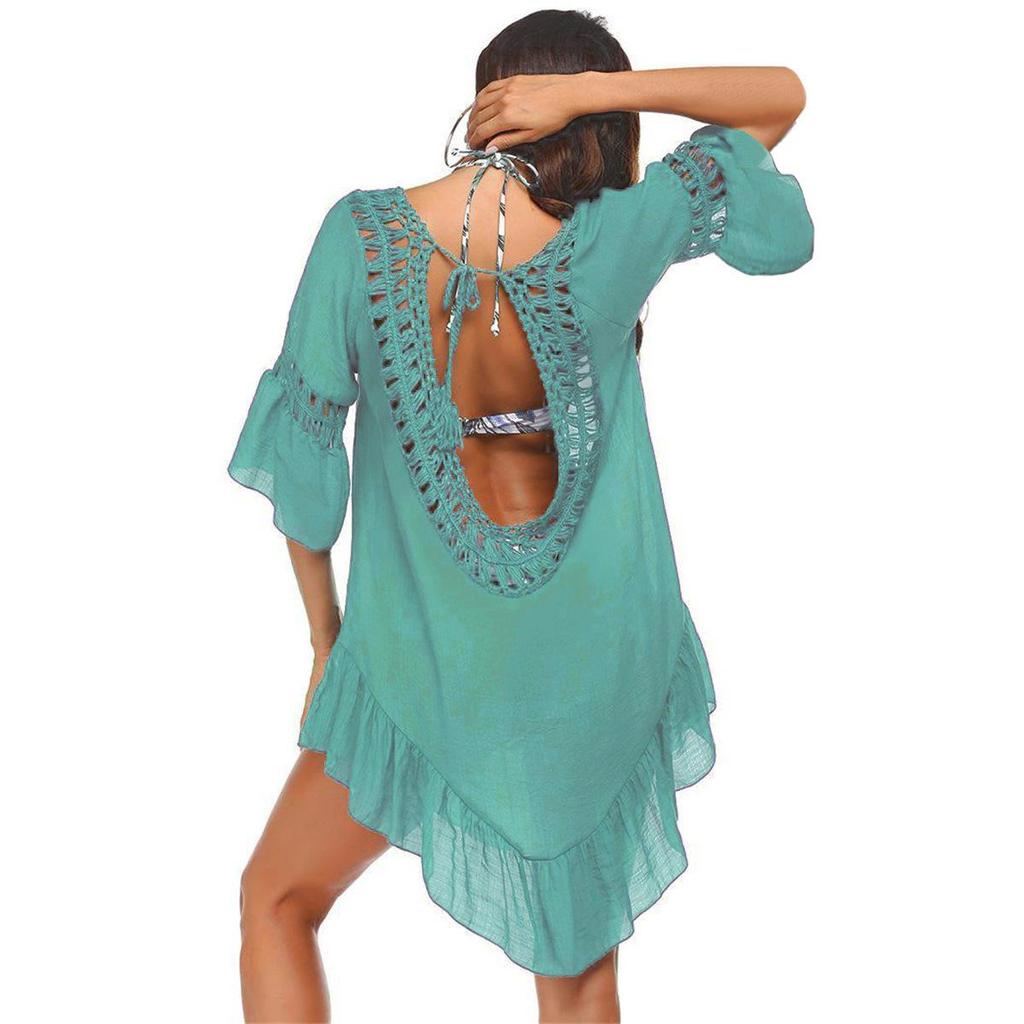 Hand-Knitted Bamboo Cotton Patchwork Crochet Beach Dress with Large Open Back