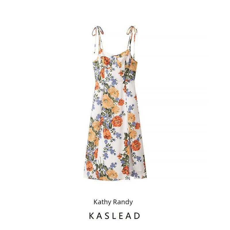 Kaslead New Arrival Women's Clothing Fashion Style Fashion Side Slit Shoulder Shoelace Spaghetti-Strap Floral Print Dress