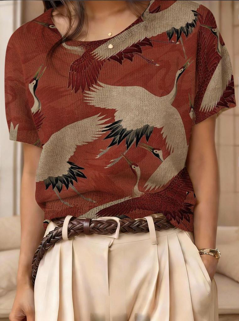Blumenprint Rundhals Pullover Kurzarm Strickpullover für Damen - Sommer 2026 Edition