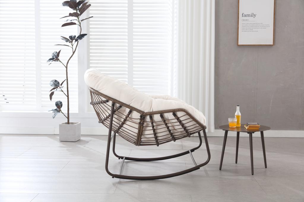 Outdoor Rocking Chair, Patio Oversized Wicker Egg, Indoor & Comfy Rocker with Thick Cushion, Modern Lounge for Balcony, Garden, Backyard, Deck, White