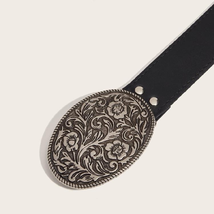 Wear Resistant Adult Waist Belts with Carved Buckle Female Decorative PU Belts
