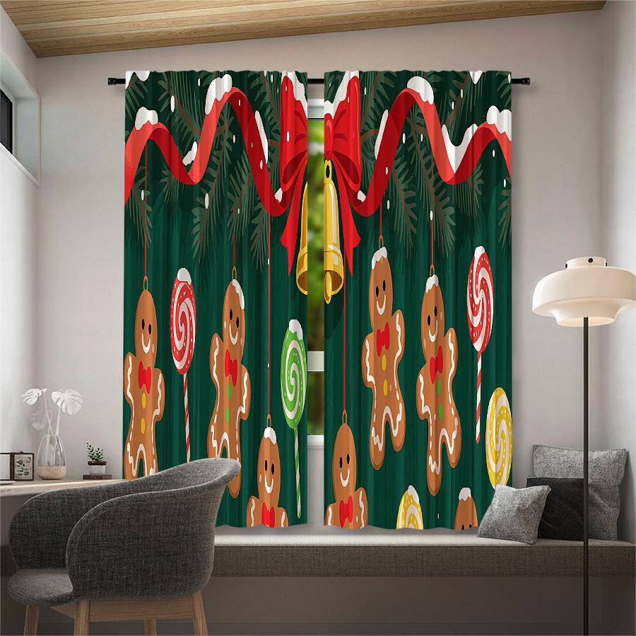 Christmas Gingerbread Man Printed Curtains Pole Bag Decorations Daily Home Room Made Of Polyester
