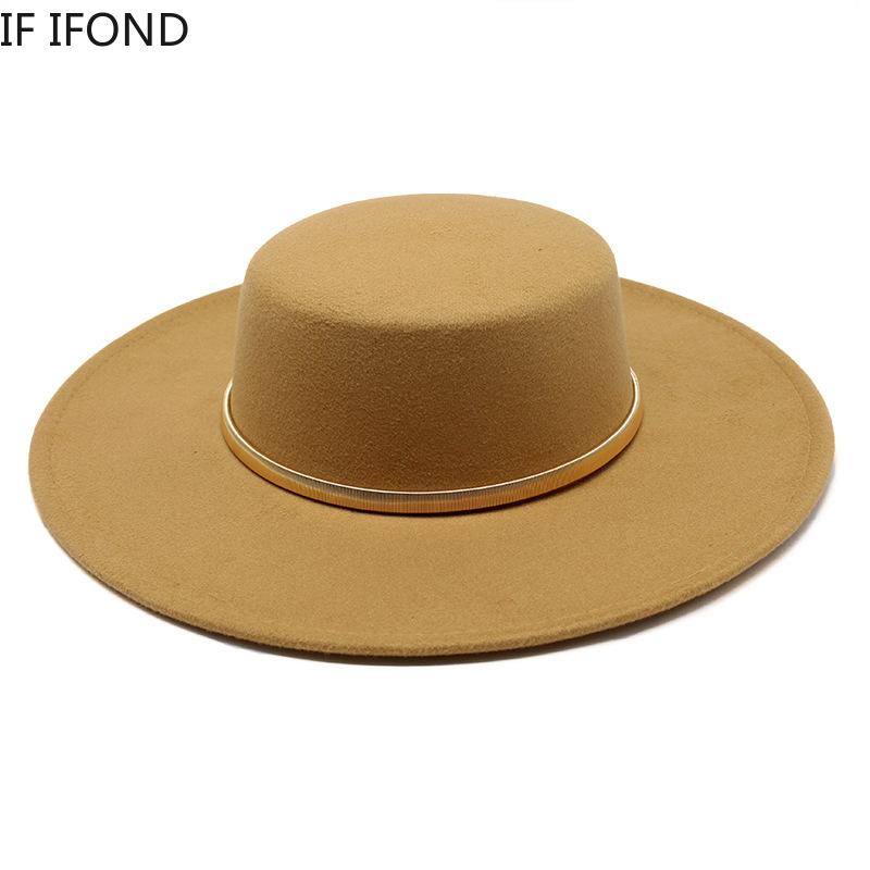 Garden Supplies My Women's Black Big Wide Brim Church Derby Top Hat With Metal Chain Decor Solid Felt Fedoras Hat Wool Party Gambler Jazz Cap 56-58Cm