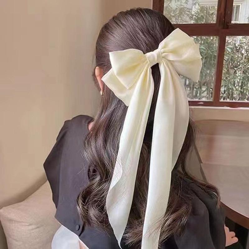 1 Pcs Fashionable Solid Color Ribbon Bow Hair Clip Women's Elegant Long Satin Large Bow Spring Clip Hair Accessory Top Clips