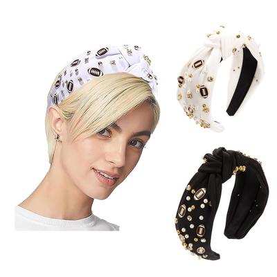 Damenmode Rugby Fußball Stirnband Perle Strass Juwelenbesetzt Geknotetes Breites Haarband für Fußballfan Haaraccessoire
