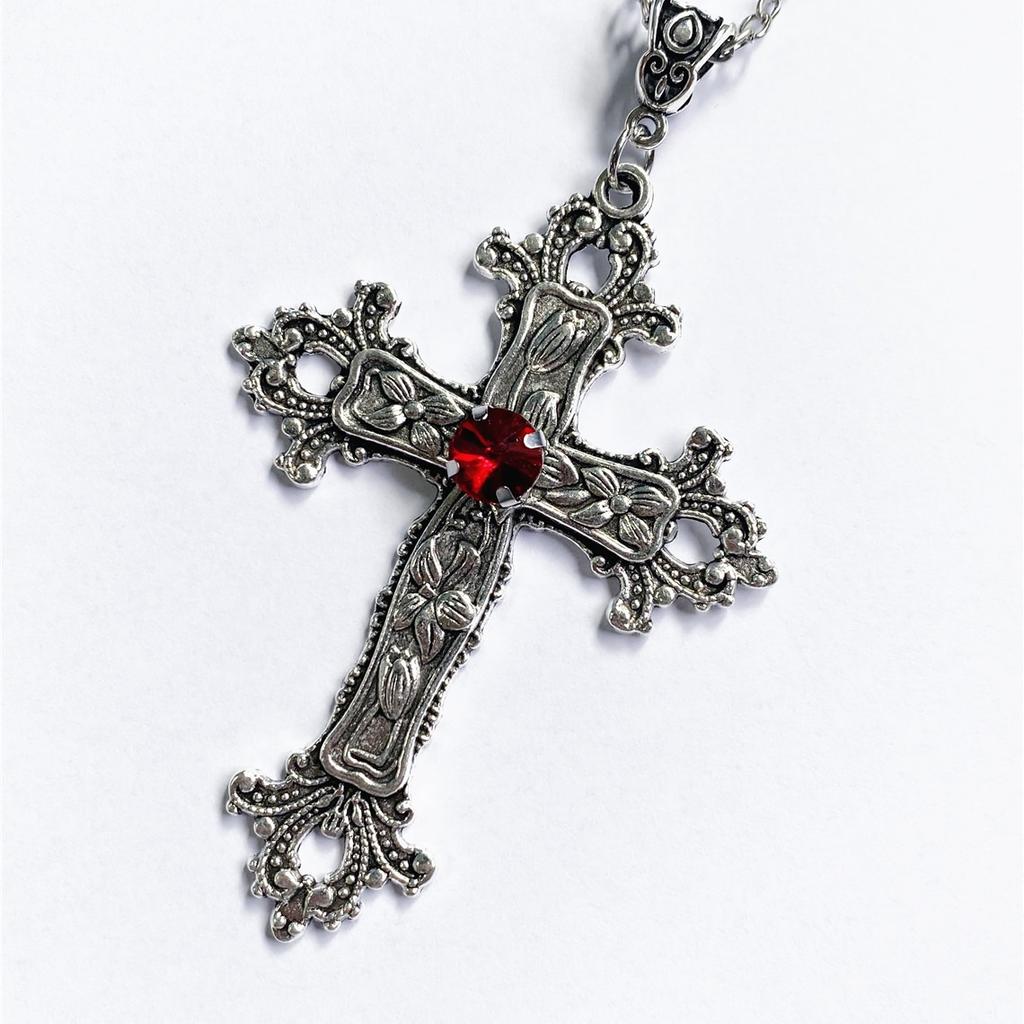 Creative Flower Pattern Cross Diamond Necklace Goth
