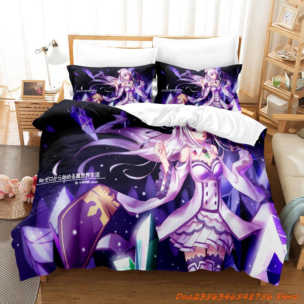 Comforter Re Zero Rem Ram Bedding Set Cartoon Anime Three-Piece Set Adult Kid Bedroom Duvet Sets 3D Kawaii Girl Twin Set