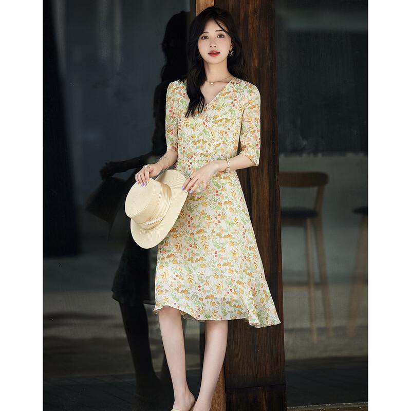 Gentle Sunset Floral Mulberry Silk V-Neck Dress