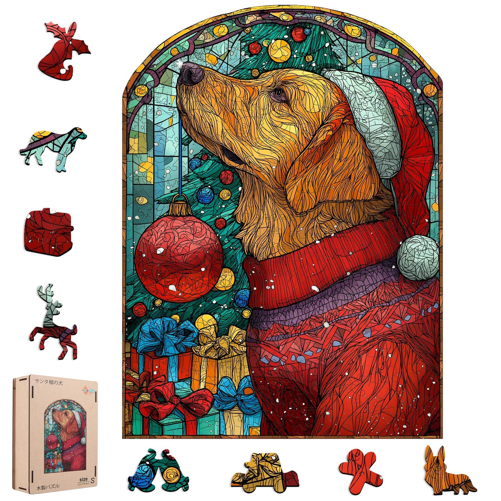 

Jigsaw Puzzle, 200 Pieces (22.5 x 30.5 cm), Wooden, 3mm Thick, Christmas Dog Design, Irregularly Shaped Pieces, Racer Cut, Cute, Includes Completed Sa