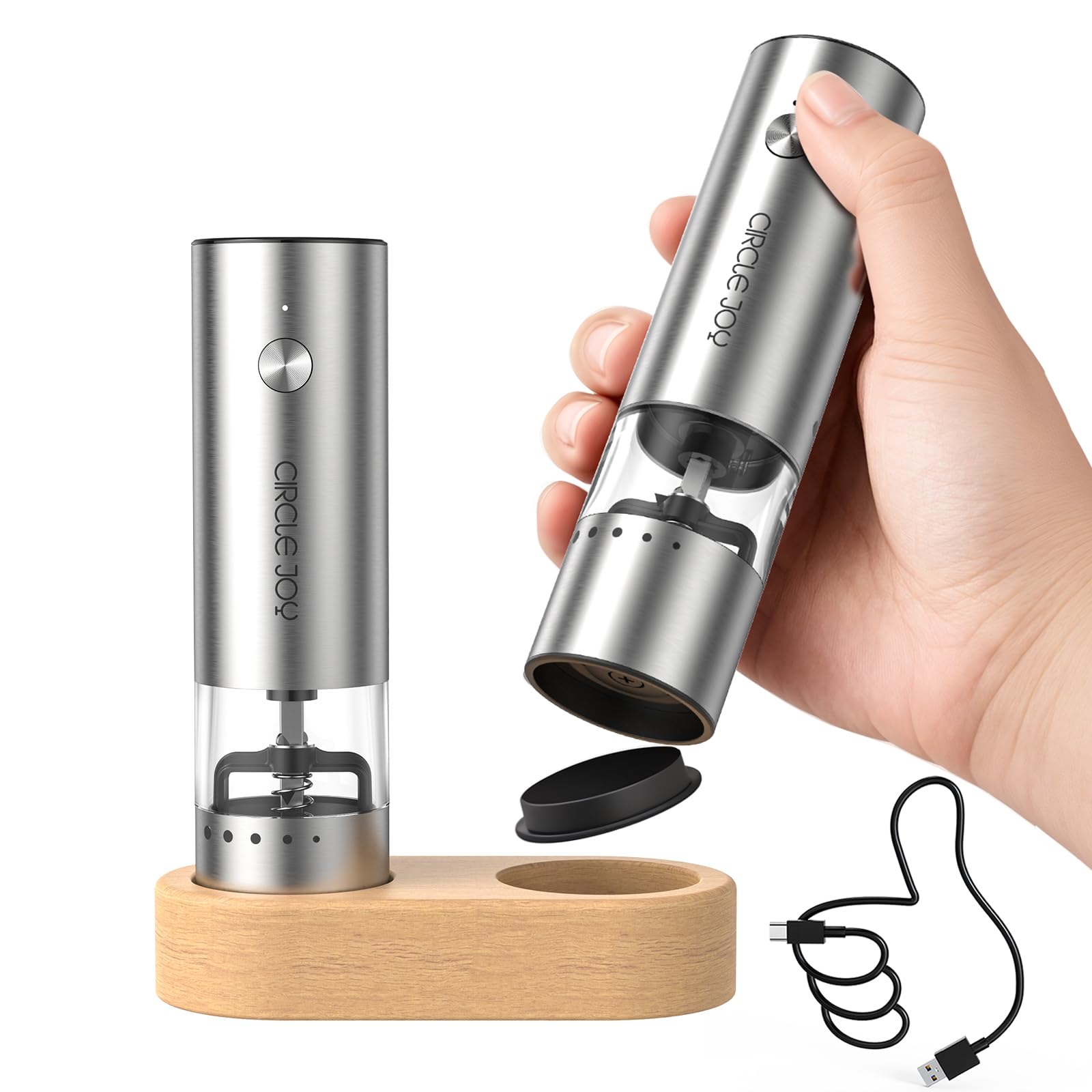CIRCLE JOY Mini Rechargeable Pepper Mill Set, Electric Stainless Steel Pepper Mill with External Thickness Adjustment, 30ml Container, Wooden Storage