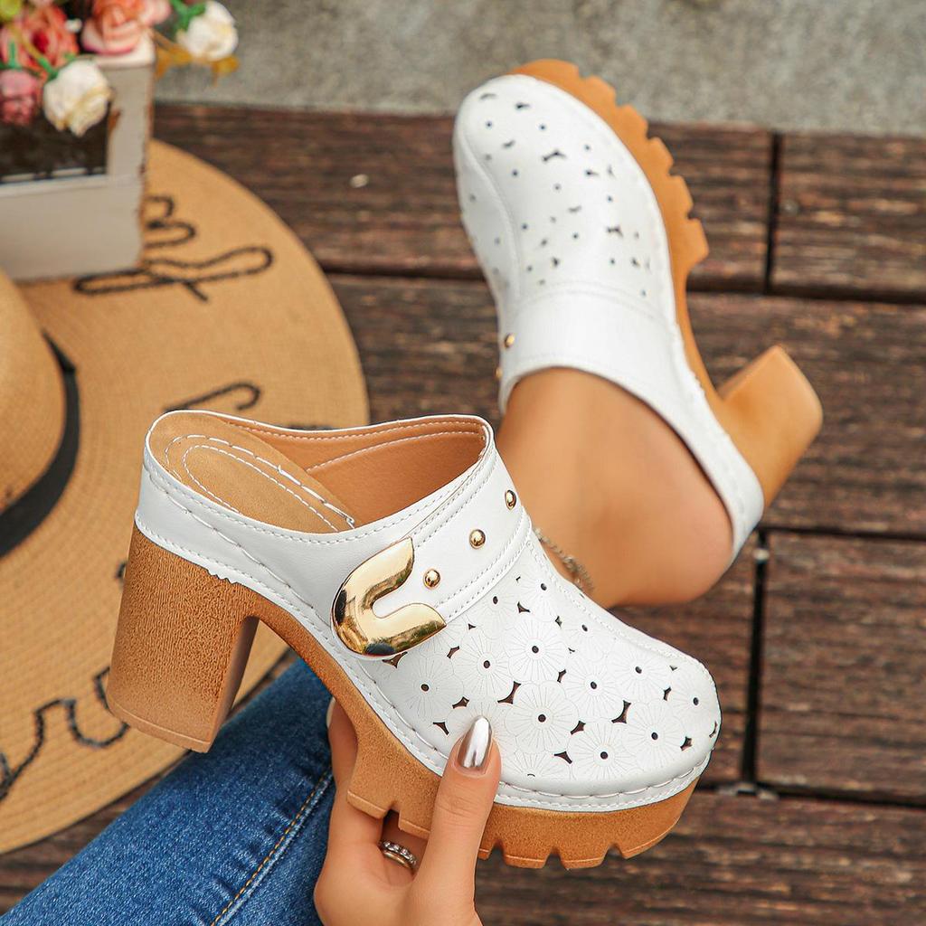 Retro Pastorale Holle Blokhak Mules met Metalen Gesp