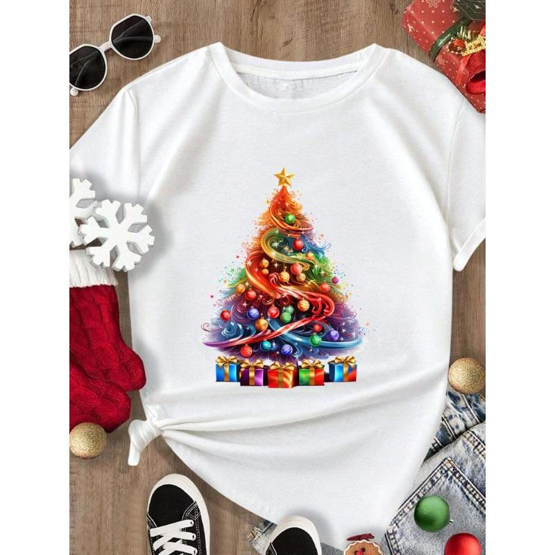 (European Size) Merry Christmas Tee New Year Holiday Top Festival Casual Tree Style Cute Women Print Lady Short Sleeve Fashion Graphic T-shirts