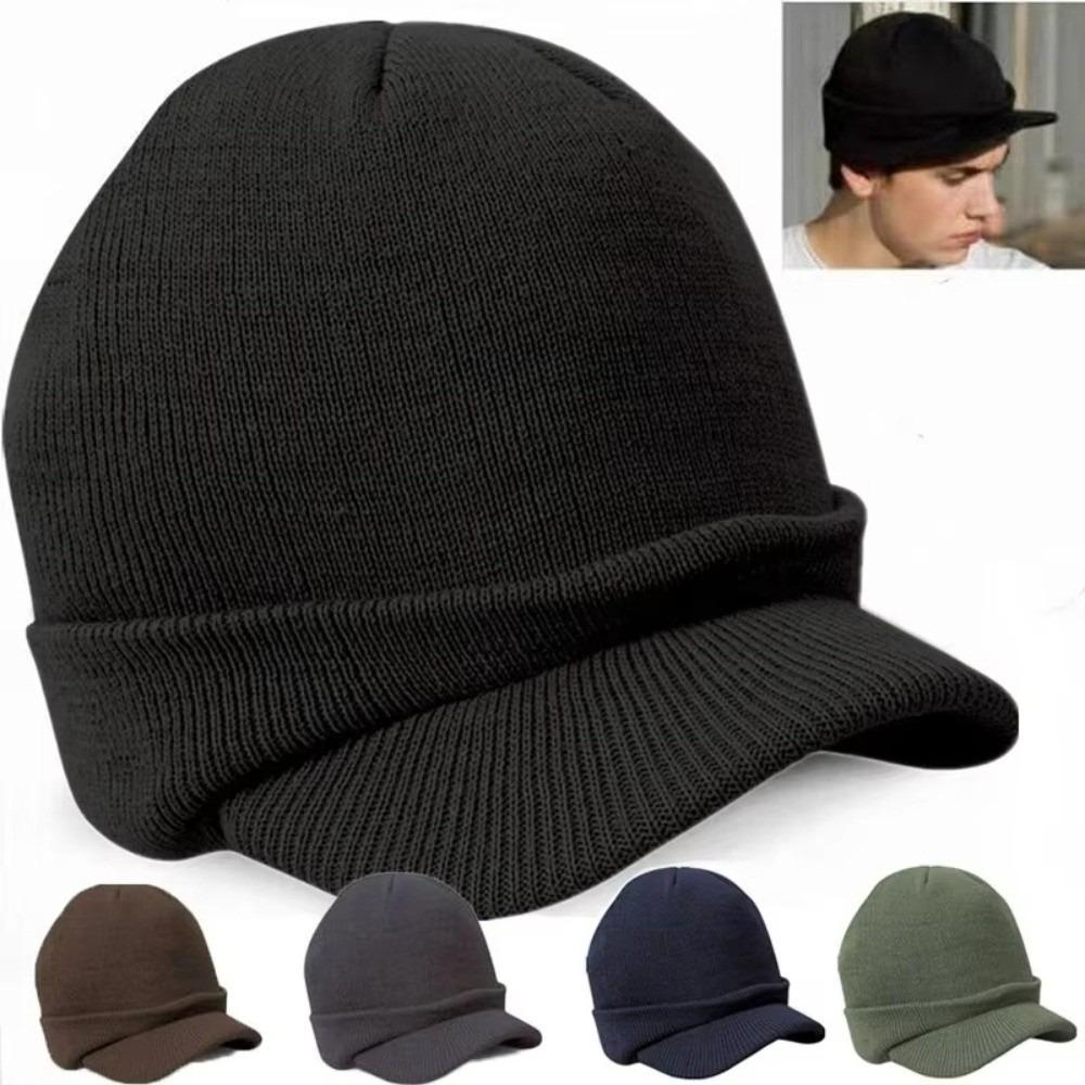 Earflap Short Brim Beanie Cap Thicken Add Plush Lined Hat Fashion Warm Knitted Peaked Cap Winter