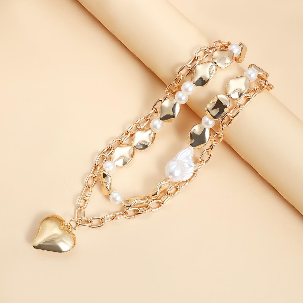 Women Imitation Pearl Heart Collarbone Chain Necklace Gold Plated Colar Choker