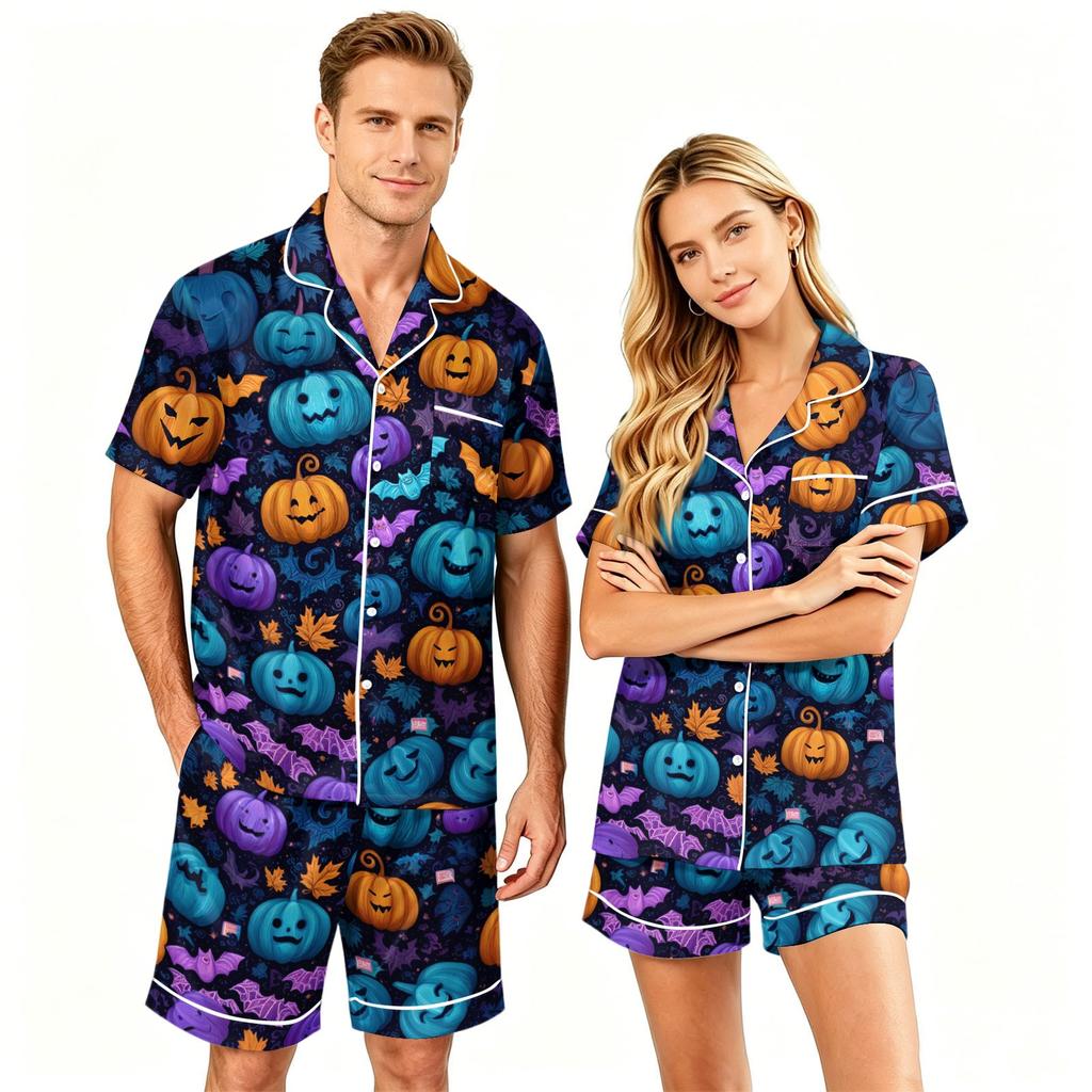 Couple Matching Halloween Pajama Set Short Sleeve Button Down Shirt and Shorts Sleepwear Soft Casual Lounge Wear S-XXXXL