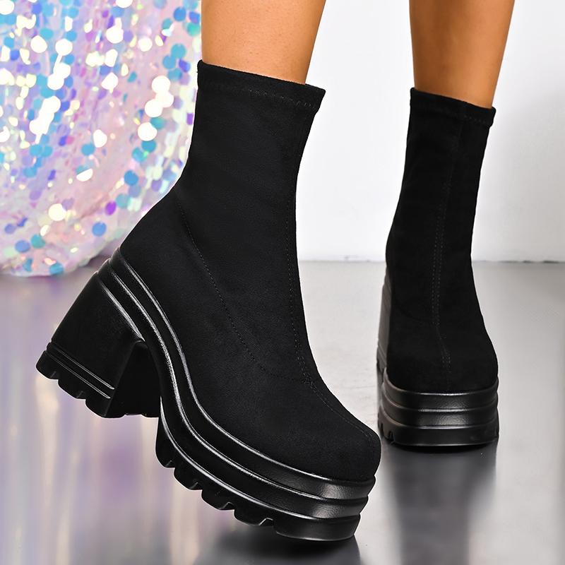 Women's Slip On Chunky Platform Boots Gothic Punk Style High Heel Sock Ankle Boots Woman Autumn Winter Streetwear Fashion Shoes