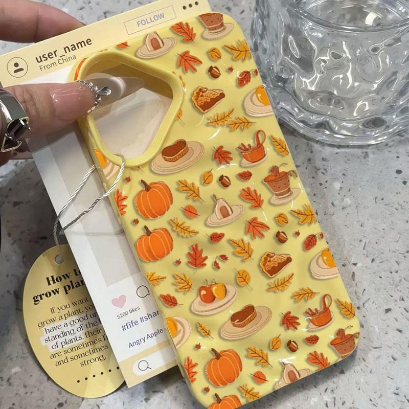 Cartoon Leaves Pumpkin Pattern Phone Case For iPhone 17 Air 11 12 13 14 15 16 Pro Max Plus Folds Texture Shockproof Soft Cover