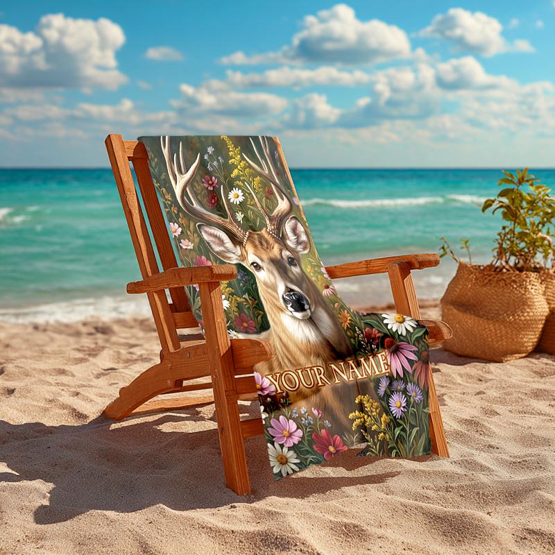 1PC Custom Name Deer Wildflowers Beach Towel Highly Absorbent And Sand-Resistant Towel for Swimming, Pool, Yoga, And Travel Lightweight
