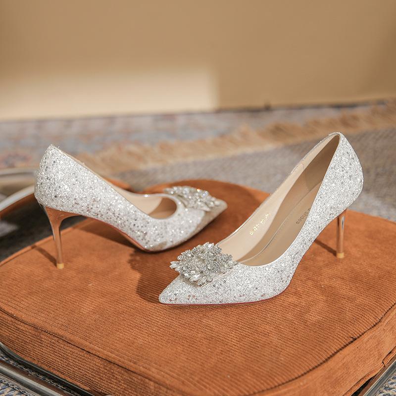 - French rhinestone high heels women's wedding shoes banquet pointed temperament crystal shoes stiletto sequins single shoes women