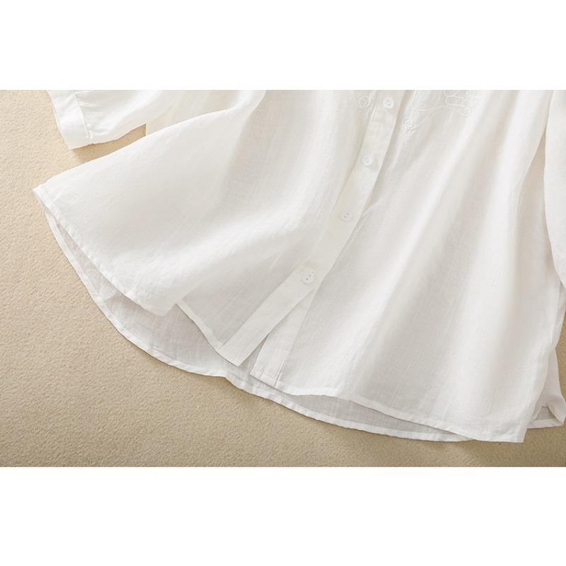 Summer Literature Loose Solid Color Heavy Embroidery Flower Short Sleeved Shirt Women's Shirt Top Blouses & Shirts