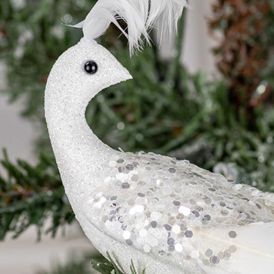 16in White Peacock Tree Topper Artificial Long Tail Glitter Peacock Clip Ornaments Faux Simulation Feathered Peacock for Christmas Tree Decor