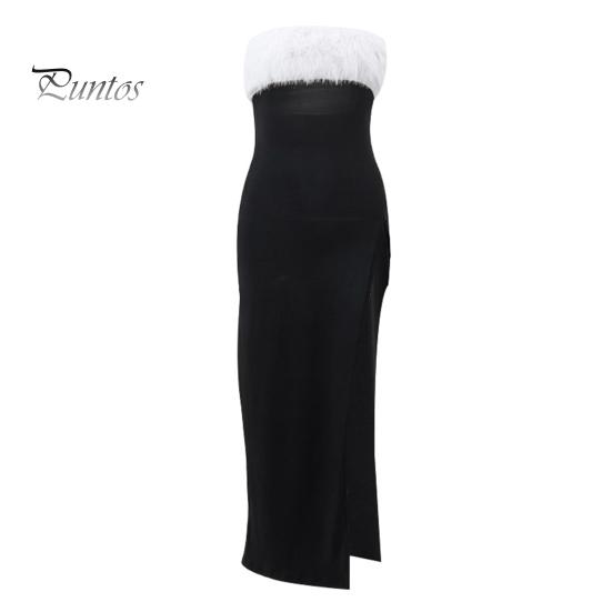 

Женское вечернее платье с открытыми плечами, без рукавов, без спинки, без воротника, бандо, пушистый искусственный мех, декор, разрез сбоку, коктейльное вечернее платье-макси, выпускной, топ-платье S чёрный