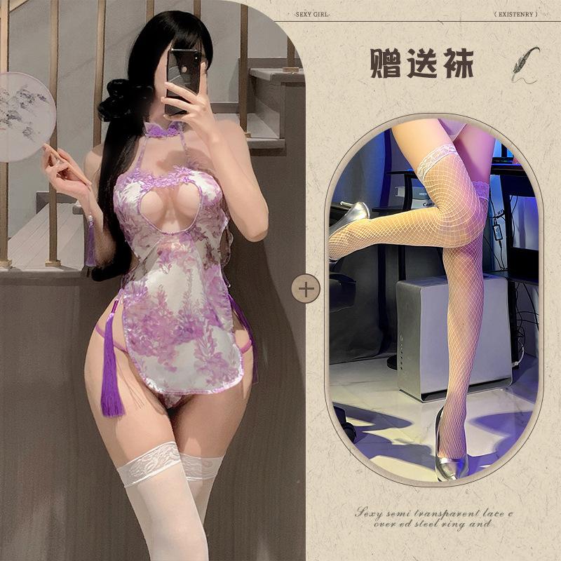 Pure desire purple sexy neck hollowed out curtain dream classical printing cheongsam temptation