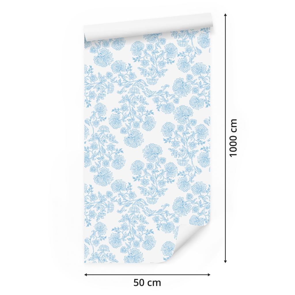 Wallpaper Flowers white, azure background for living room and bedroom 50x1000