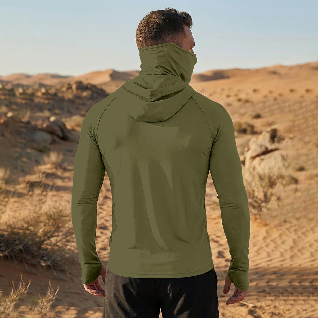 Men’s Long Sleeve Hooded Shirt with Face Cover Lightweight Breathable Athletic Pullover for Outdoor Sports Activities