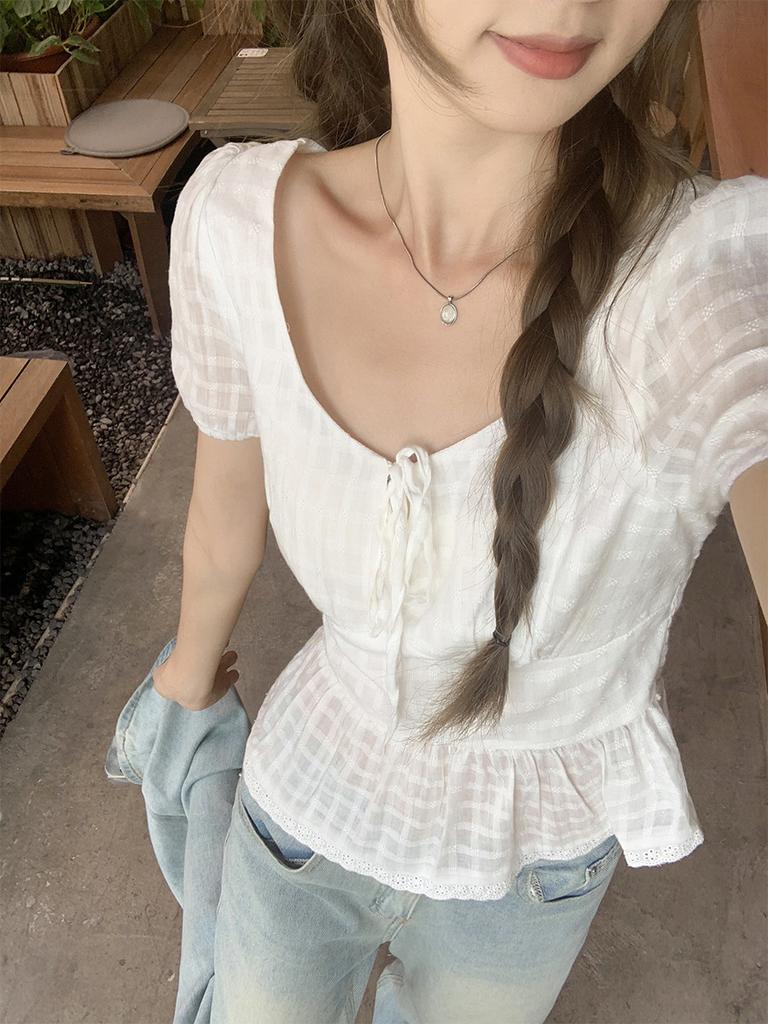 Pure Desire Style Bow Strap Short-sleeved T-shirt Women's Summer New French Age-reducing Waist Slim-fitting Short Top