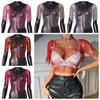 Rhinestone Rhinestone Fishnet Tops with Tassel Shawl See Through T Shirt with Tassel Shawl  Women