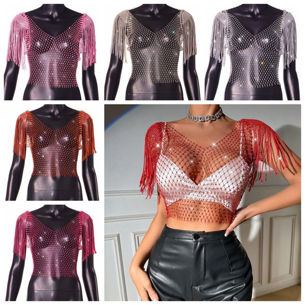 Rhinestone Rhinestone Fishnet Tops with Tassel Shawl See Through T Shirt with Tassel Shawl  Women