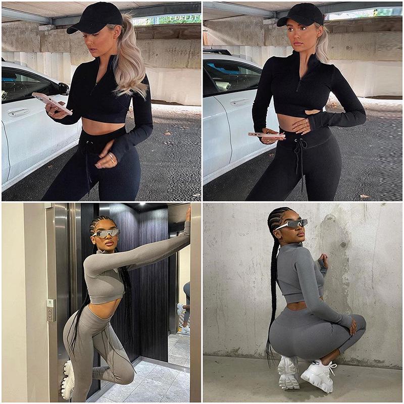 Ribbed Seamless Knitted Tracksuit: Crop Top & High Waist Butt Lift Yoga Pants, Long/Short Sleeve Options