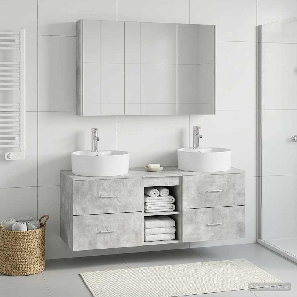 Bathroom Furniture Set 4 Pcs Concrete Grey Engineered Wood and Glass