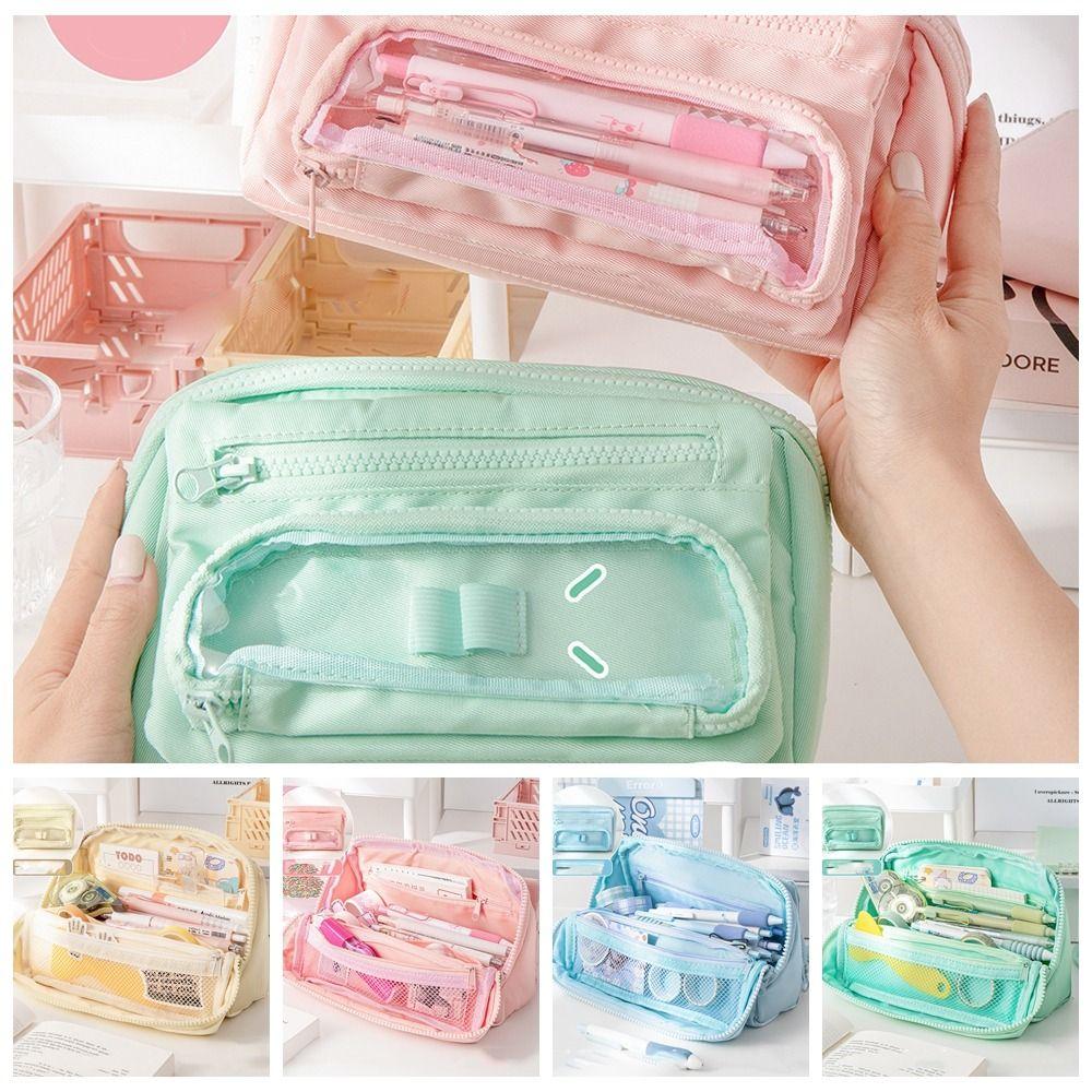 

Plastic Zipper Large Capacity Pen Bag High Capacity Multilayer Flip Pen Bag Stationery синий