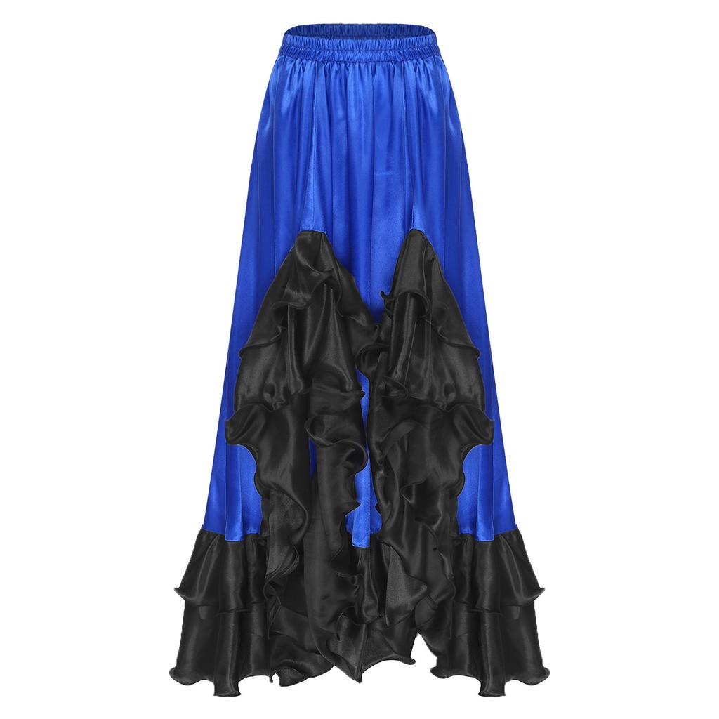 Ladies Spanish Dance Skirt Flamenco Style Ruffled Trim Irregular Hem Satin Elastic Waist Big Swing Skirt