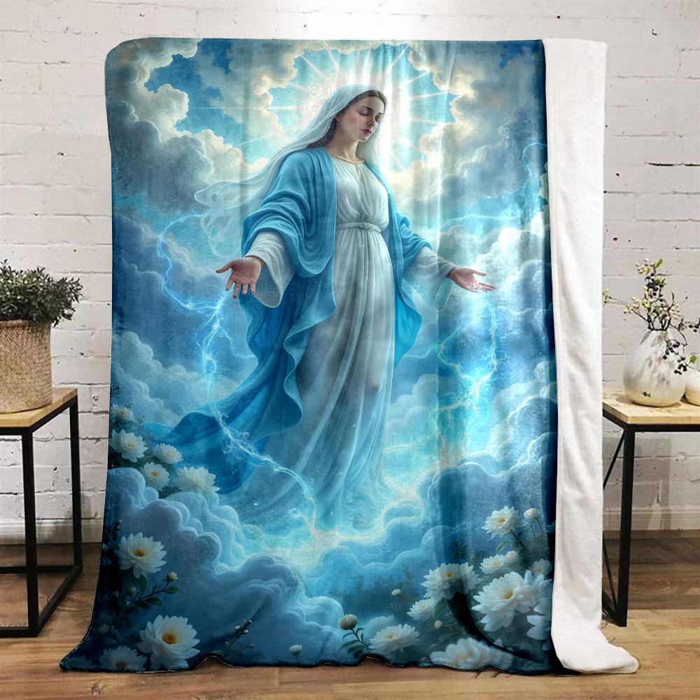 Virgin Mary Clouds White Flowers Blanket Printed Blanket for Living Room Bed Couch lunch break Soft Cozy Blanket for Friend's festival Gift