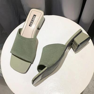 Damesschoenen Pantoffels Buiten 2024 Zomer Gebreid Stretch Open Teen Dikke Zool Hakken Halve Muilezels Sandalen Dames Schoenen