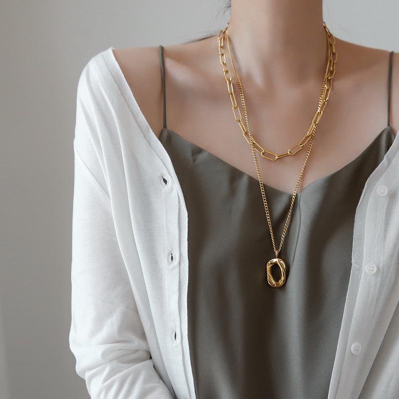 Geometric Titanium Double-Layer Necklace: High-End Minimalist Sweater Chain for Women - Autumn/Winter