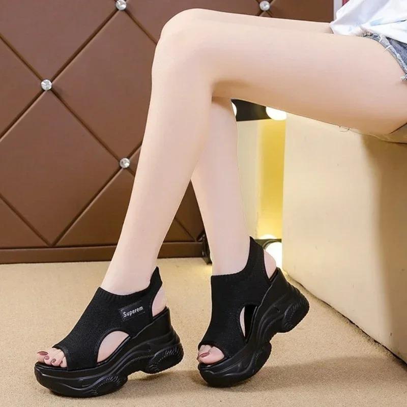 Fashion Sandals Women Summer Korean Version Fish Mouth Shoes Fashion Knitting Mesh Breathable Wedge Platform Sport Sandals Shoes Casual