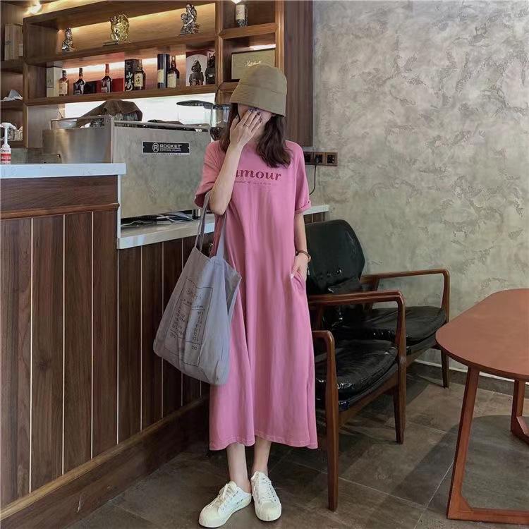 Plus Size Korean Summer Over-Knee Dress – Loose Fit, Belly-Covering, Short Sleeve, Long Length T-Shirt Dress for Women