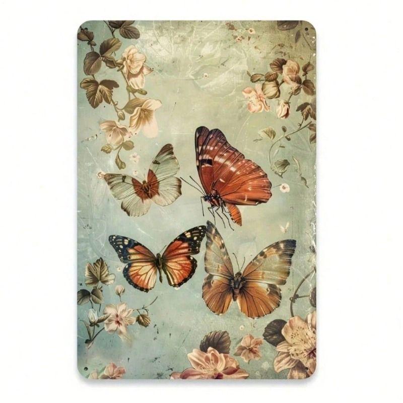 Vintage Metal Poster Butterfly Flower Wall Art Home Bar Garden Decor